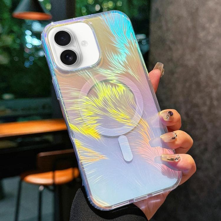 For iPhone 16 Glossy Color-Plated MagSafe Shockproof Phone Case(Colored Feathers) - Immagine 1