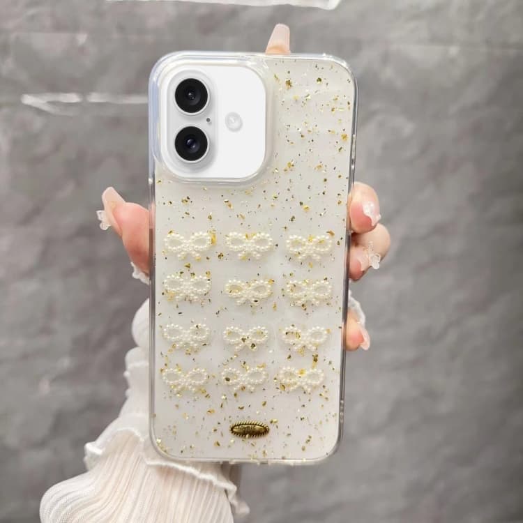 For iPhone 16 Gold Foil Pearl Bow TPU Phone Case(Bow) - Immagine 1