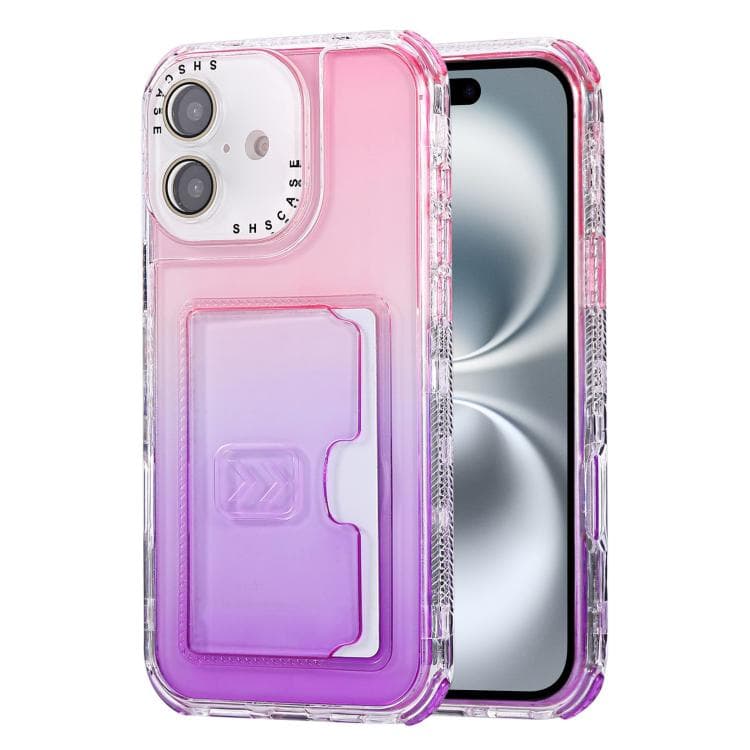 For iPhone 16 Gradient 3-in-1 Card Bag TPU Shockproof Phone Case(Pink Purple) - Immagine 1