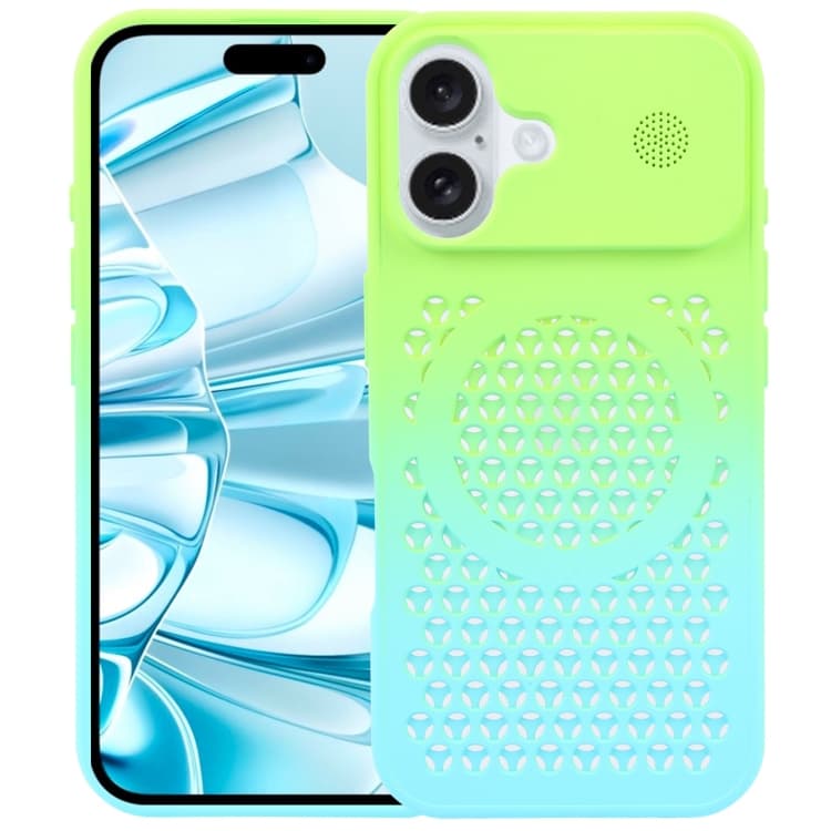 For iPhone 16 Gradient Color Honeycomb Aromatherapy MagSafe Phone Case(Green Blue) - Immagine 1
