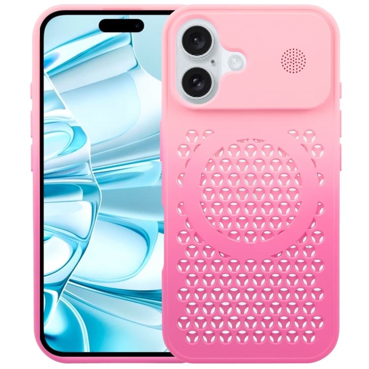 For iPhone 16 Gradient Color Honeycomb Aromatherapy MagSafe Phone Case(Pink+Rose Red) - Immagine 1