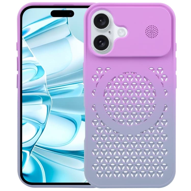 For iPhone 16 Gradient Color Honeycomb Aromatherapy MagSafe Phone Case(Purple Grey) - Immagine 1