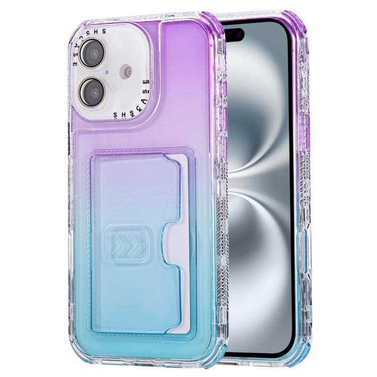 For iPhone 16 Gradient Color TPU + PC Card Slot Full Coverage Phone Case(Purple Sky Blue) - Immagine 1