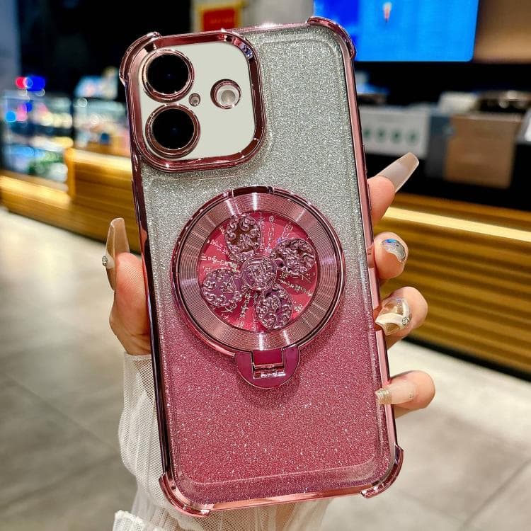 For iPhone 16 Gradient Glitter Spinning Top Holder Phone Case(Pink) - Immagine 1