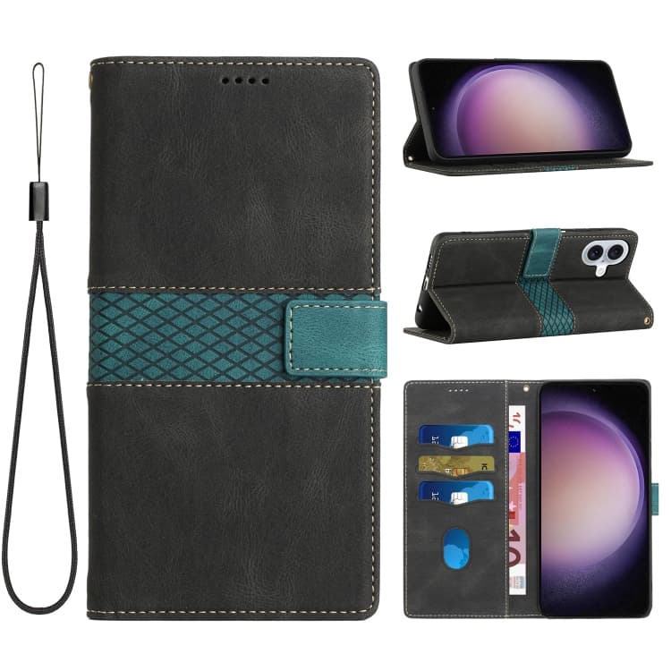For iPhone 16 Grid Stitching Leather Phone Case with Lanyard(Black) - Immagine 1