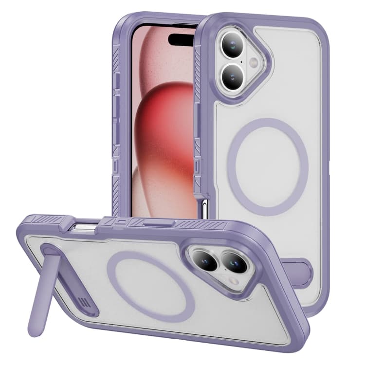 For iPhone 16 Guard MagSafe Holder Matte PC Hybrid TPU Phone Case(Purple Transparent) - Immagine 1