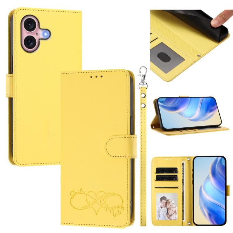 For iPhone 16 Happy Heart Pattern Magnetic Closure Vegan Leather Phone Case with Wrist Strap(Yellow) - Immagine 1