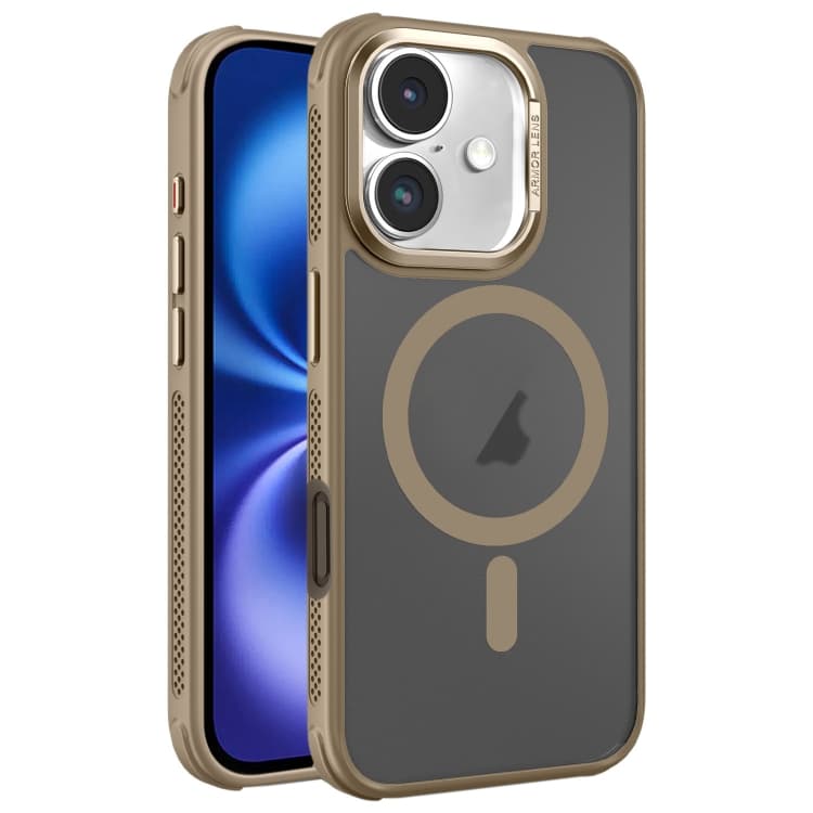 Per iPhone 16 Custodia in Pelle con Raffreddamento Laterale, Telaio Metallico Opaco, Lente, Ricarica MagSafe (Oro) - Immagine 1