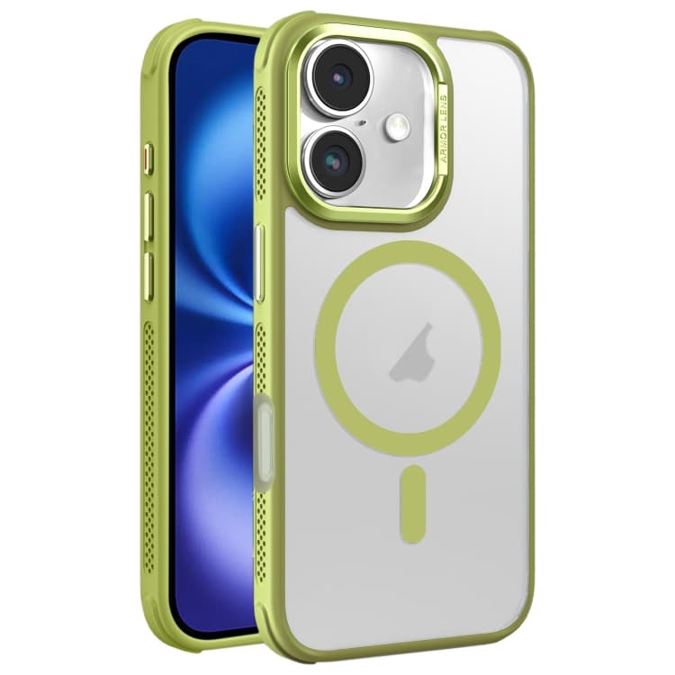 Custodia per iPhone 16 con raffreddamento laterale, effetto pelle, telaio metallico satinato, lente, supporto MagSafe (Verde) - Immagine 1
