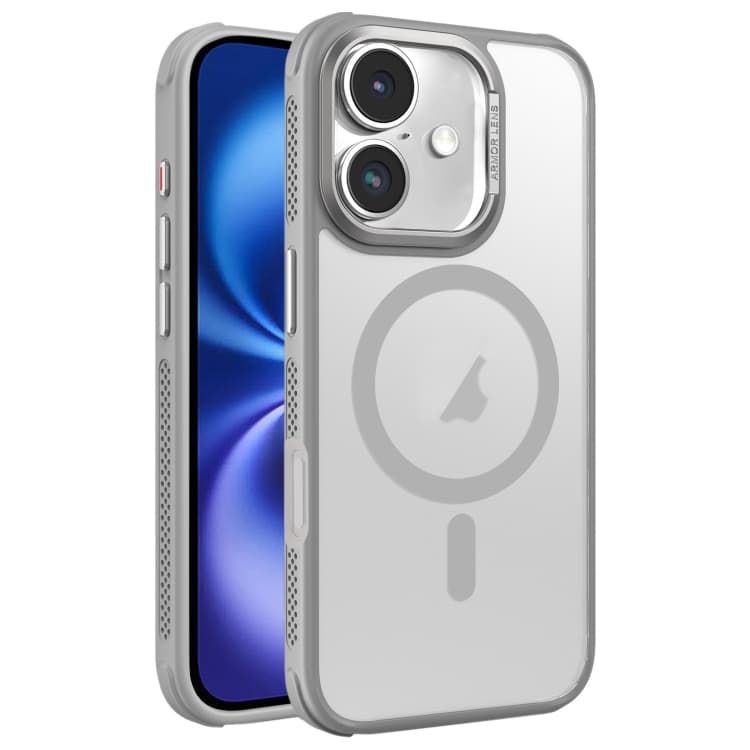Custodia per iPhone 16 con raffreddamento laterale, effetto pelle, telaio metallico satinato, lente fotocamera, supporto MagSafe (Grigio) - Immagine 1