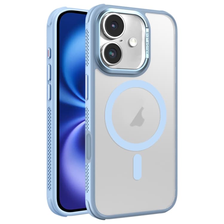 Custodia per iPhone 16 con raffreddamento laterale, effetto pelle, telaio metallico satinato, lente fotocamera, supporto MagSafe (Azzurro cielo) - Immagine 1