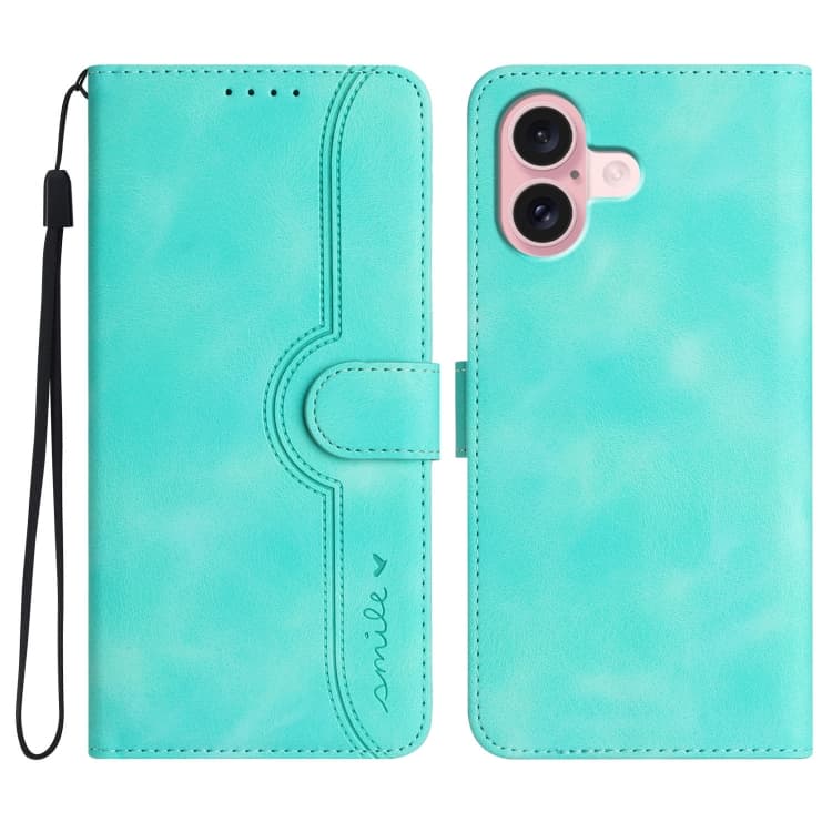 For iPhone 16 Heart Pattern Skin Feel Leather Phone Case(Light Blue) - Immagine 1