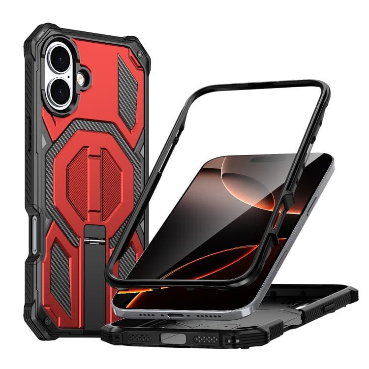 For iPhone 16 Hidden Metal Holder Magnetic Shockproof Phone Case(Red) - Immagine 1