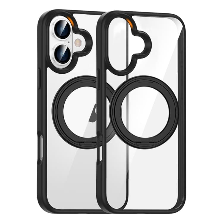 For iPhone 16 High Transparency 360 Degree Rotating Holder MagSafe Phone Case(Black) - Immagine 1