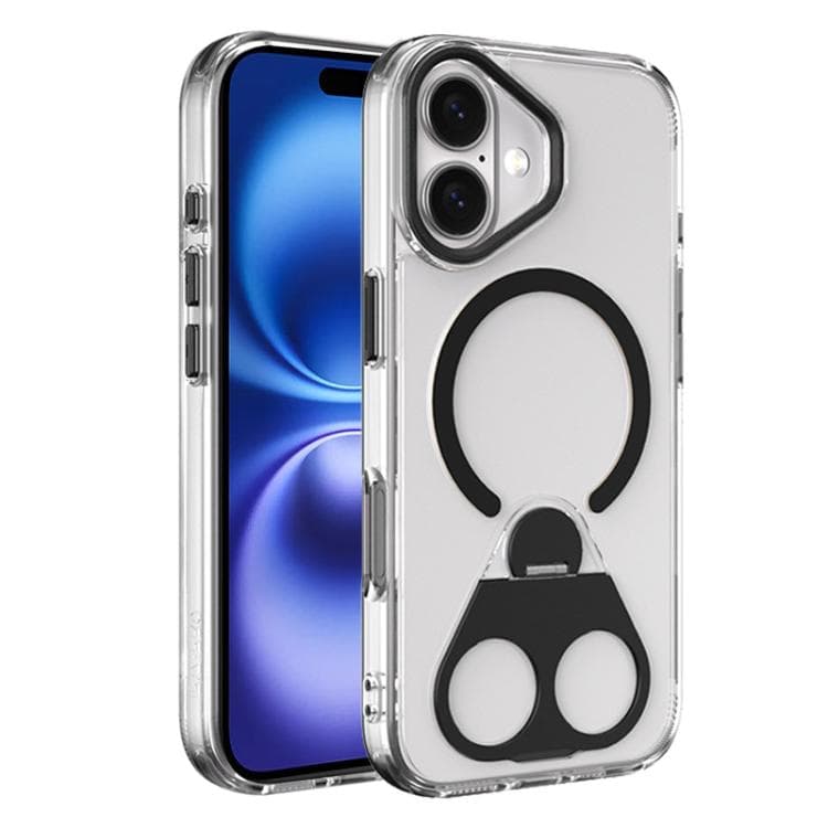 For iPhone 16 High Transparent MagSafe TPU Phone Case with 360 Degrees Rotating Ring Holder(Black) - Immagine 1
