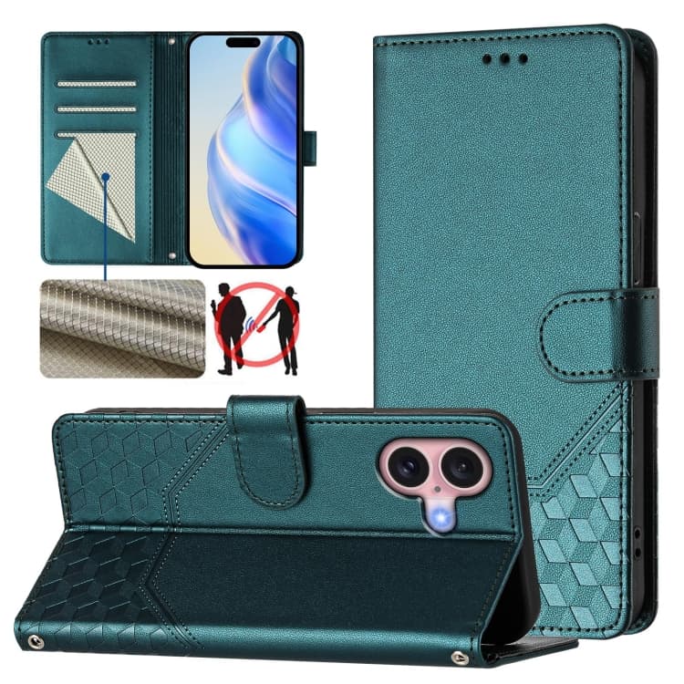 For iPhone 16 Honeycomb Embossing RFID Leather Phone Case(Peacock Green) - Immagine 1