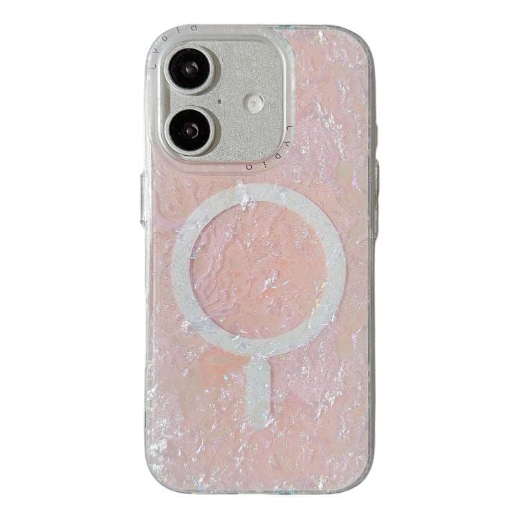 For iPhone 16 Iridescent Gold Plated Shell Patterned Magnetic Phone Case(Pink) - Immagine 1