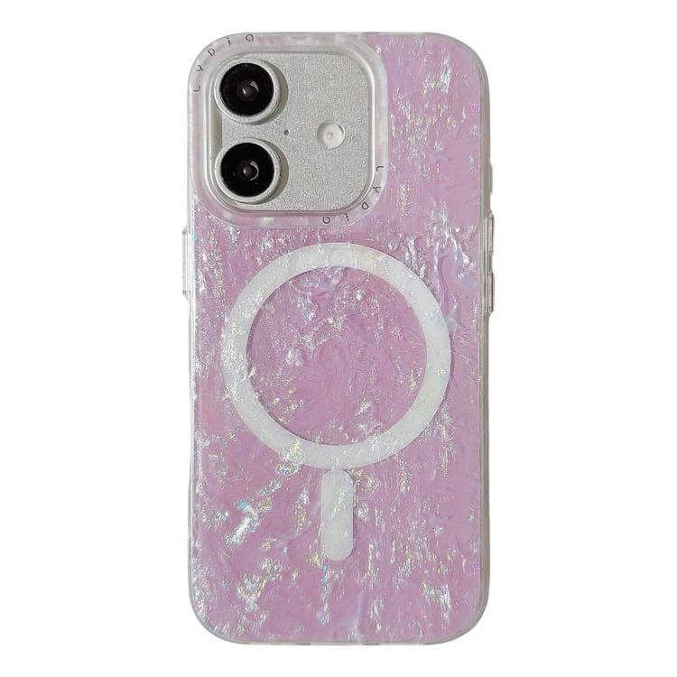 For iPhone 16 Iridescent Gold Plated Shell Patterned Magnetic Phone Case(Purple) - Immagine 1