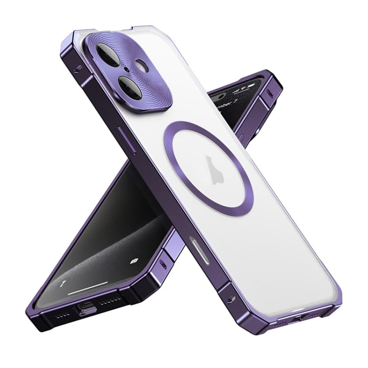 For iPhone 16 Irregular Alloy Frame Fosted Translucent MagSafe Phone Case(Purple) - Immagine 1