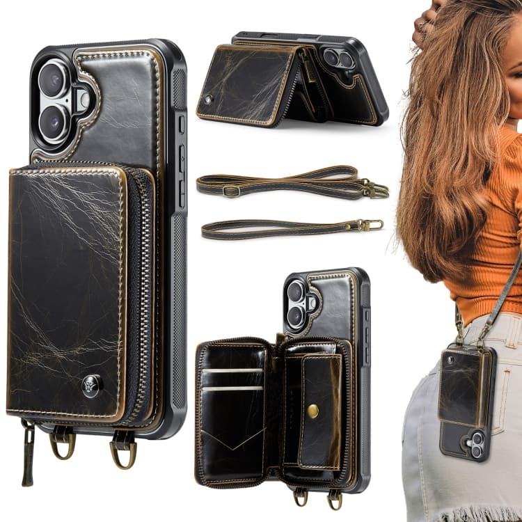 For iPhone 16 JEEHOOD C22 Series Zipper Wallet Leather Phone Case with Dual Lanyard(Coffee) - Immagine 1
