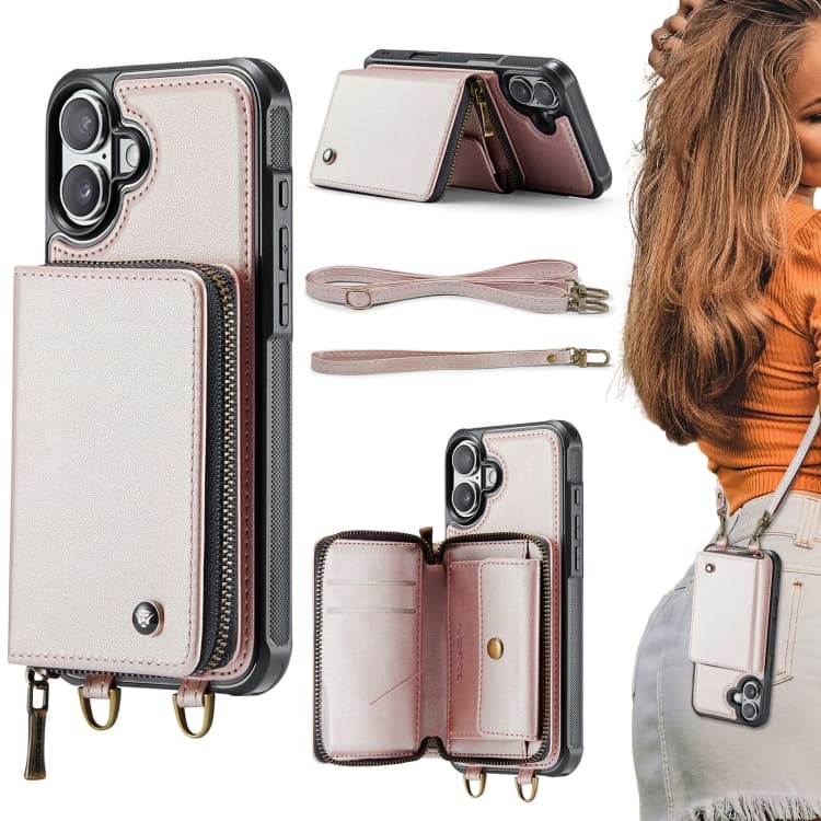 For iPhone 16 JEEHOOD C22 Series Zipper Wallet Leather Phone Case with Dual Lanyard(Rose Gold) - Immagine 1