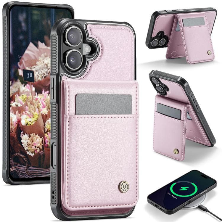 For iPhone 16 JEEHOOD J06 British Style RFID MagSafe Card Bag PU Phone Case(Pink) - Immagine 1