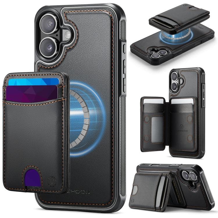 For iPhone 16 JEEHOOD J10 Flip Card Bag MagSafe Split RFID Leather Phone Case(Black) - Immagine 1