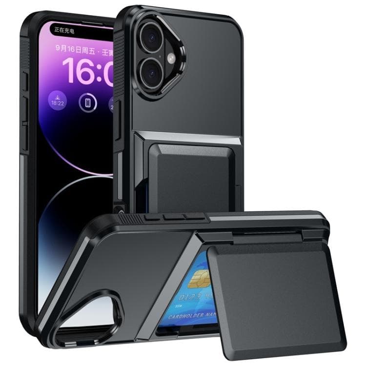 For iPhone 16 Kalebol Flip Card Wallet Holder Shockproof Phone Case(Black) - Immagine 1