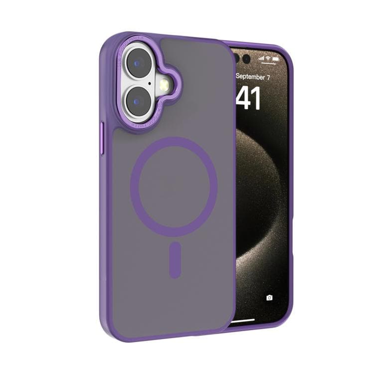 For iPhone 16 Kalebol Metal Lens Frame MagSafe Frosted PC Phone Case(Dark Purple) - Immagine 1