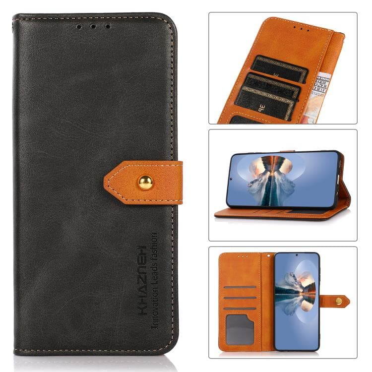 For iPhone 16 KHAZNEH Dual-color Cowhide Texture Flip Leather Phone Case(Black)