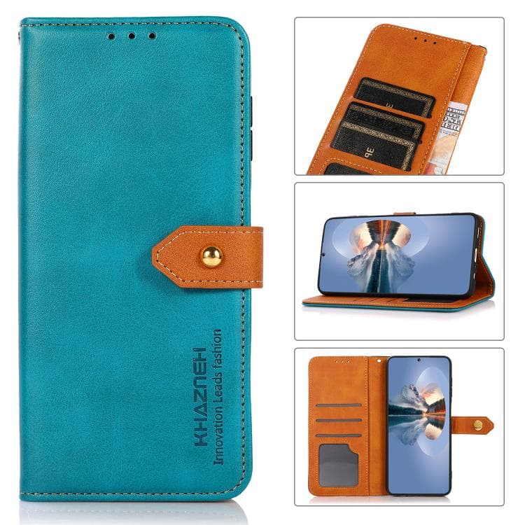 For iPhone 16 KHAZNEH Dual-color Cowhide Texture Flip Leather Phone Case(Blue)