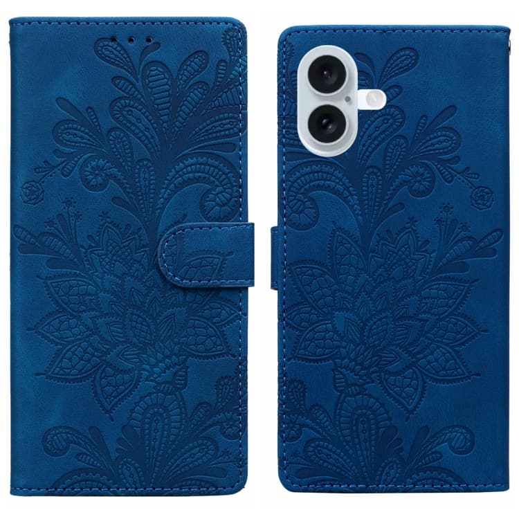 For iPhone 16 Lace Floral Embossed Magnetic Buckle PU Phone Case With Wrist Strap(Blue) - Immagine 1