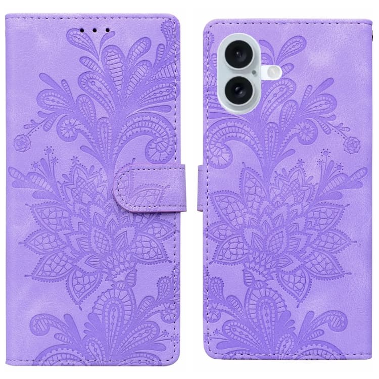 For iPhone 16 Lace Floral Embossed Magnetic Buckle PU Phone Case With Wrist Strap(Purple) - Immagine 1