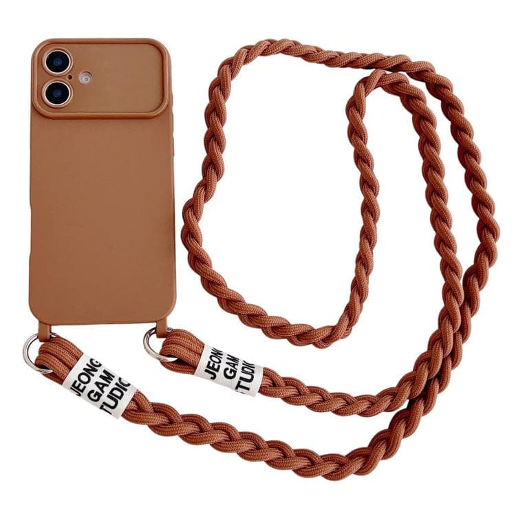 For iPhone 16 Large Camera Window Integrated Lanyard Holes Phone Case with Crossbody Braided Strap(Brown) - Immagine 1