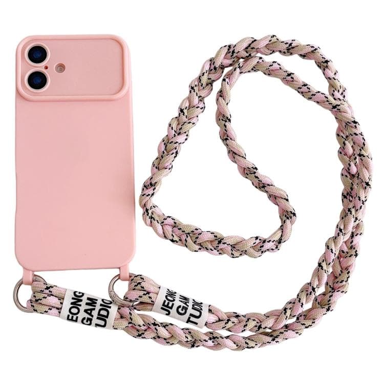 For iPhone 16 Large Camera Window Integrated Lanyard Holes Phone Case with Crossbody Braided Strap(Pink) - Immagine 1