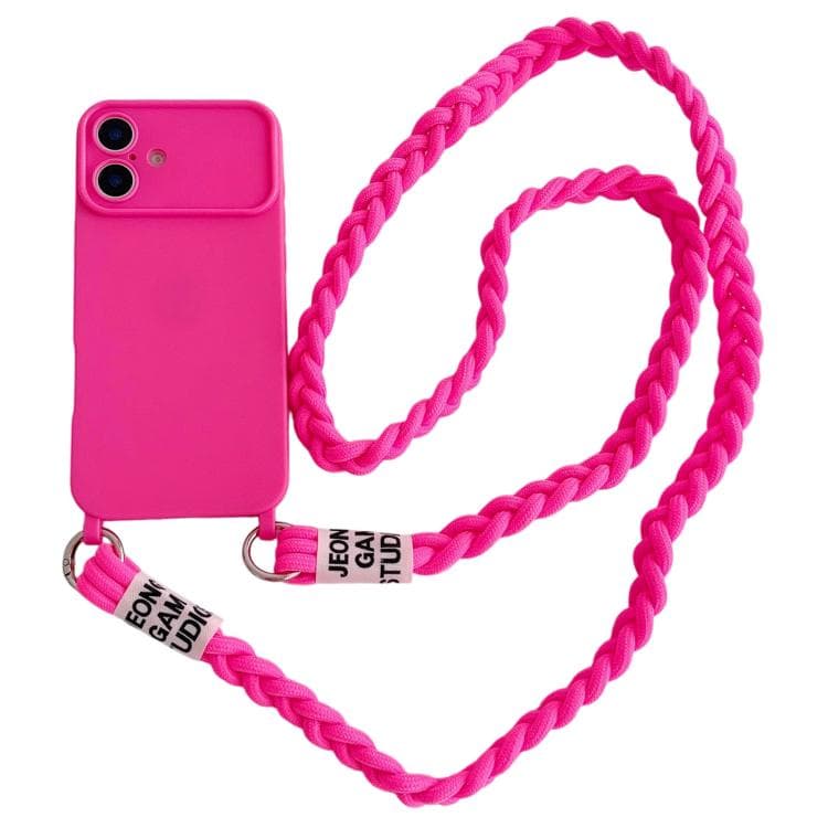 For iPhone 16 Large Camera Window Integrated Lanyard Holes Phone Case with Crossbody Braided Strap(Rose Red) - Immagine 1