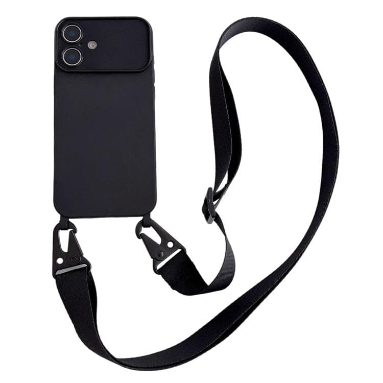 For iPhone 16 Large Camera Window Integrated Lanyard Holes Phone Case with Crossbody Wide Strap(Black) - Immagine 1