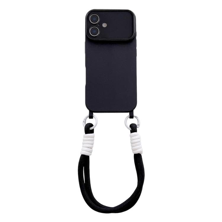 For iPhone 16 Large Camera Window Integrated Lanyard Holes Phone Case with Hand Strap(Black) - Immagine 1