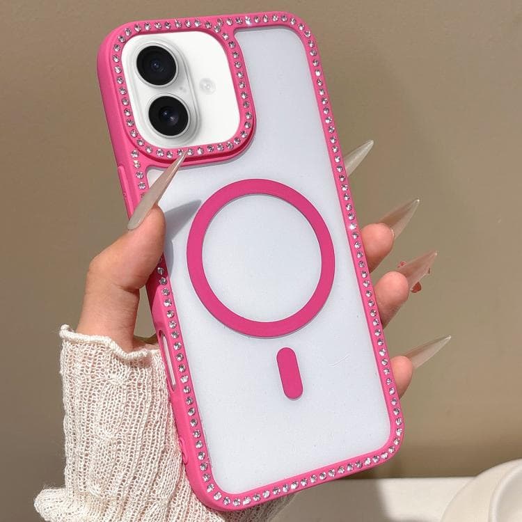 For iPhone 16 Large Lens Hole Rhinestone Frame MagSafe Phone Case(Rose Gold) - Immagine 1