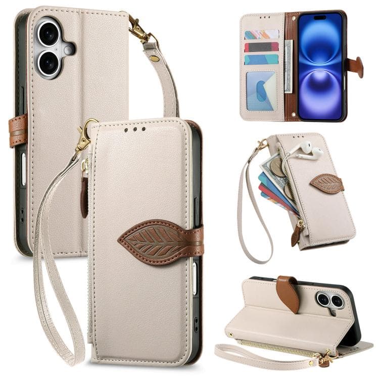 For iPhone 16 Leaf Buckle Zipper Wallet Leather Phone Case with Strap(off-white) - Immagine 1
