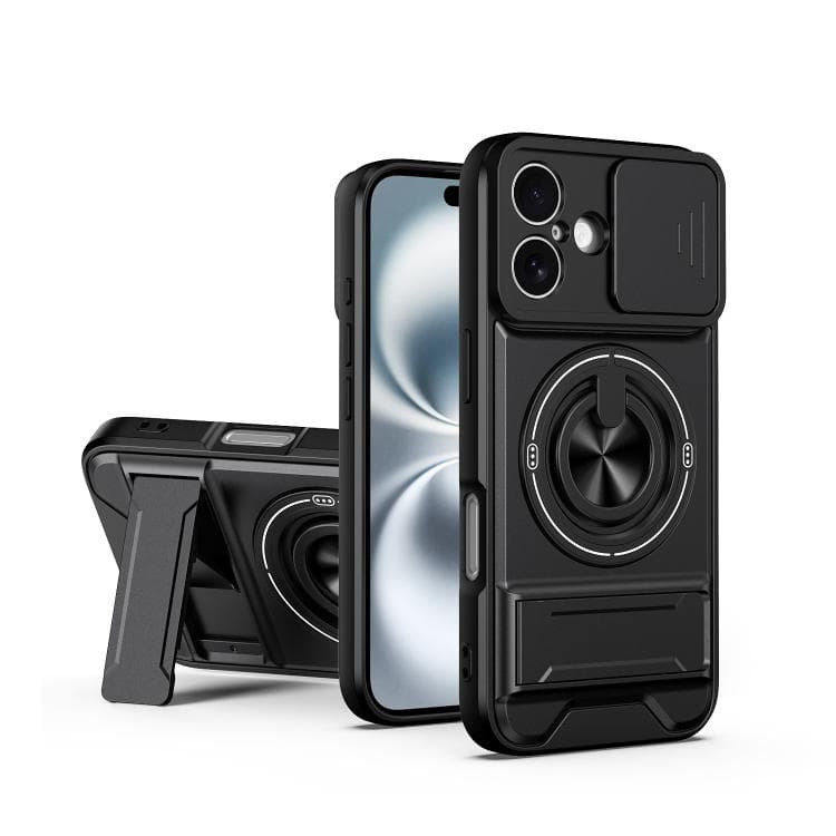 For iPhone 16 Lens Sliding Window Multifunctional Magnetic Shockproof Phone Case(Black) - Immagine 1