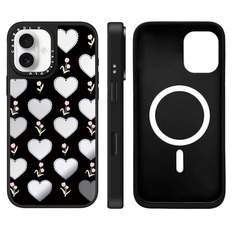 Custodia magnetica per iPhone 16 con motivo a specchio Leopard Cherry Series (Cuore e Fiori) - Immagine 1