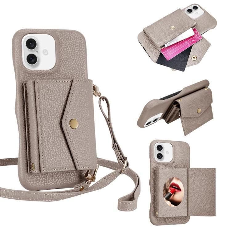 For iPhone 16 Litchi Texture Horizontal Card Bag Holder Phone Case with Long Lanyard(Grey) - Immagine 1