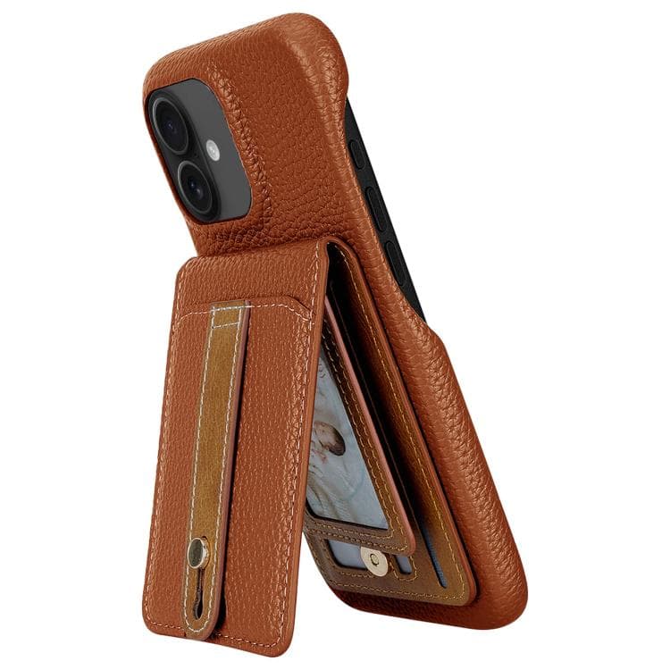 For iPhone 16 Litchi Texture Leather Ring Card Bag Holder Phone Case(Brown) - Immagine 1
