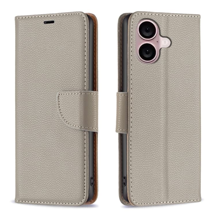 For iPhone 16 Litchi Texture Pure Color Flip Leather Phone Case(Grey) - Immagine 1