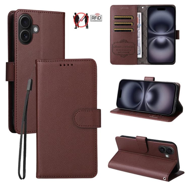 For iPhone 16 Litchi Texture RFID Blocking 3-Card Wallet Leather Phone Case(Brown) - Immagine 1