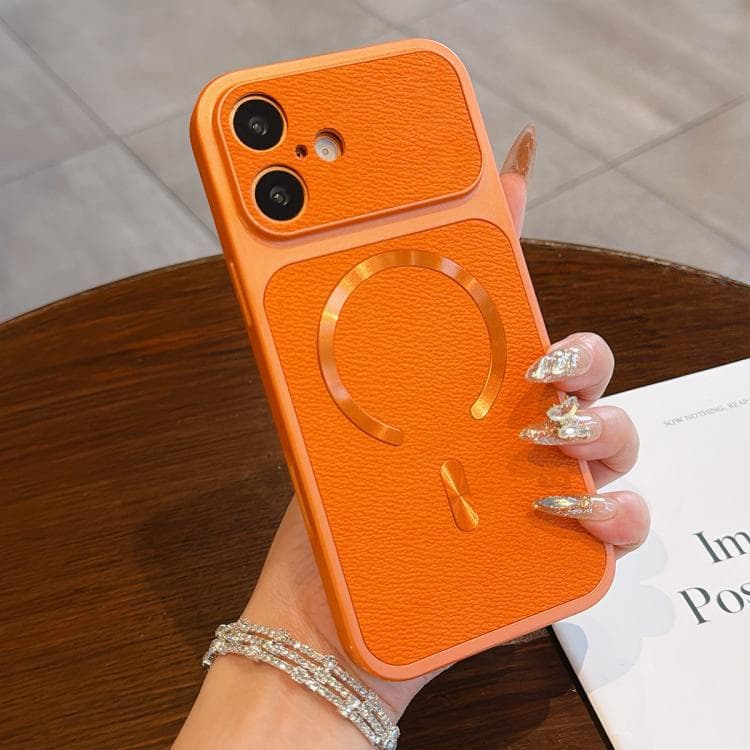 For iPhone 16 Litchi Texture Vegan Leather Magnetic Phone Case(Orange) - Immagine 1