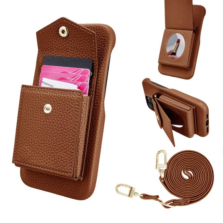 For iPhone 16 Litchi Texture Vertical Card Bag Holder Phone Case with Long Lanyard(Brown) - Immagine 1