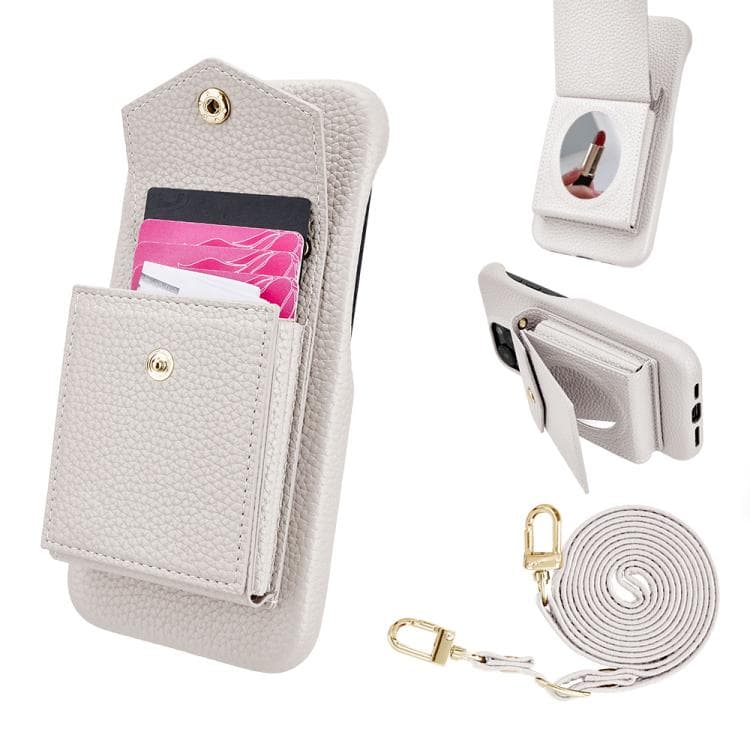 For iPhone 16 Litchi Texture Vertical Card Bag Holder Phone Case with Long Lanyard(White) - Immagine 1