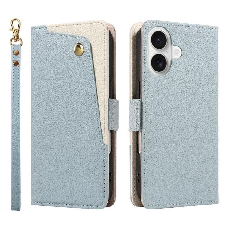 For iPhone 16 Litchi Texture Wallet Mirror Leather Phone Case(Blue) - Immagine 1